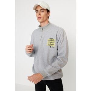 Trendyol Men's Gray Oversize/Wide-Fit Zipper Text Printed Fleece Cotton Sweatshirt