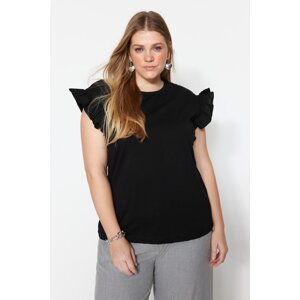 Trendyol Curve Black Crew Neck Knitted T-Shirt with Frilly Sleeves