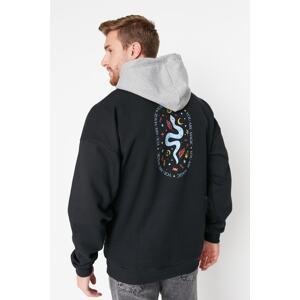 Trendyol Men's Black Oversize/Wide-Fit Hooded Text Printed Fleece Sweatshirt