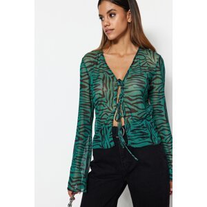Trendyol Green Animal Patterned Tie Detailed Tulle Stretchy Knitted Blouse