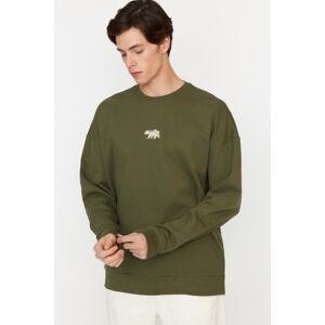Trendyol Men's Khaki Oversize/Wide-Fit Fit Crew Neck Animal Embroidery Fleece Sweatshirt