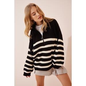 Happiness İstanbul Women's Black Zipper Stand-Up Collar Striped Oversized Sweater