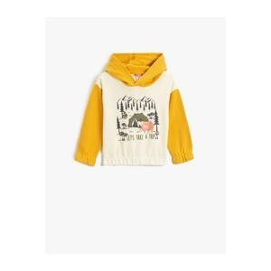 Koton Teddy Bear Printed Hooded Sweatshirt with Color Contrast Cuffs and Elastic Waist