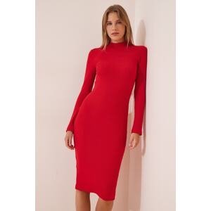 Happiness İstanbul Women's Red Turtleneck Lycra Ribbed Knitted Dress