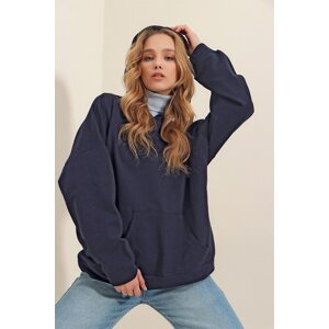 Trend Alaçatı Stili Women's Navy Blue Hooded Kangaroo Pocket 3 Thread Thick Sweatshirt
