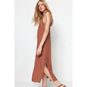 Trendyol Brown Straight Cut Midi Woven Strap Slit Detailed Woven Dress