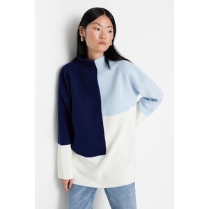 Trendyol Blue Color Block Collar Stand Up Knitwear Sweater