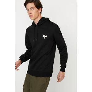 Trendyol Men's Black Regular/Regular Fit Embroidered Hooded Fleece Inner Sweatshirt