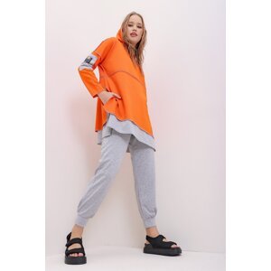 Trend Alaçatı Stili Women's Orange Layered Hooded Sweatshirt and Sweatpants Double Set