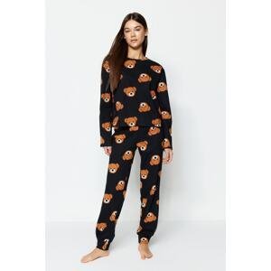 Trendyol Black 100% Cotton Teddy Bear Printed Tshirt-Jogger Knitted Pajama Set
