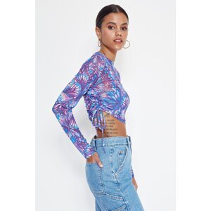 Trendyol Purple Butterfly Printed Gathering Detailed Crew Neck Basic Crop Flexible Tulle Knitted Blouse