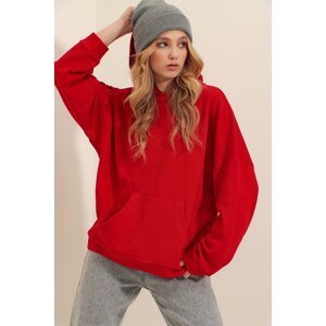 Trend Alaçatı Stili Women's Red Hooded Kangaroo Pocket 3 Thread Thick Sweatshirt
