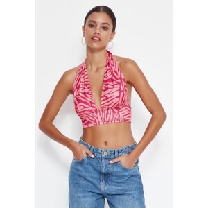 Trendyol Pink Printed Barter Neck Fitted Super Crop Stretchy Knitted Blouse