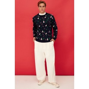 Trendyol Navy Blue Men's Regular Fit Crew Neck Christmas Jacquard Knitwear Sweater