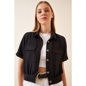 Happiness İstanbul Women's Black Pocketed Short Sleeve Summer Linen Viscose Jacket