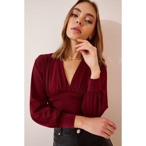 Happiness İstanbul Women's Claret Red Deep V-Neck Crop Sandy Knitted Blouse