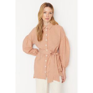 Trendyol Orange Striped Belted Balloon Back Sleeve Long Woven Shirt