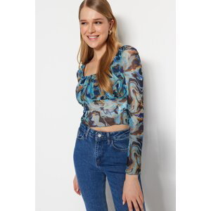 Trendyol Blue Patterned Fitted Crop Tulle Stretchy Knitted Blouse