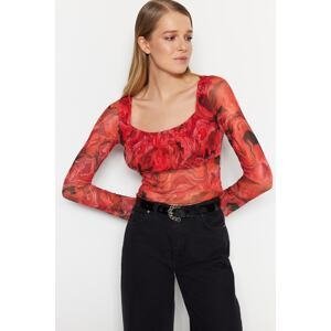 Trendyol Red Patterned Sheer Back Fitted Crop Tulle Stretchy Knitted Blouse
