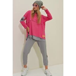 Trend Alaçatı Stili Women's Pink Layered Hooded Sweatshirt And Sweatpants Double Suit