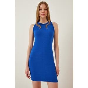 Happiness İstanbul Women's Dark Blue Ribbed Summer Mini Knitted Dress