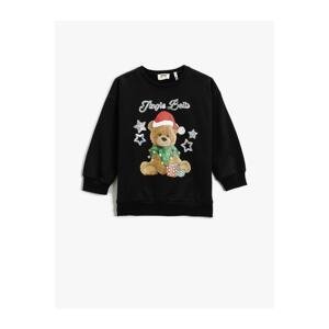 Koton Christmas Theme Teddy Bear Printed Sweatshirt Long Sleeve Raised
