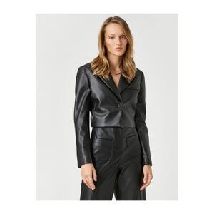 Koton Leather Look Crop Blazer Jacket Single Button Pocket Detailed