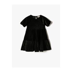 Koton Velvet Silvery Dress Short Balloon Sleeves Tiered Round Neck