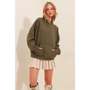 Trend Alaçatı Stili Women's Khaki Hooded Kangaroo Pocket 3 Thread Thick Sweatshirt