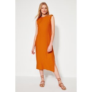 Trendyol Orange Wadding Shift/Plain Pleated Midi Knitted Dress