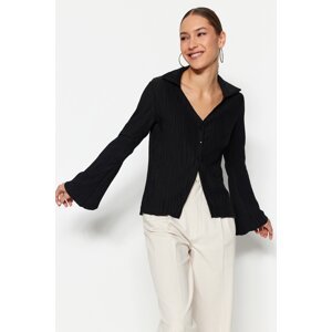 Trendyol Black Pleated and Buttoned Flare/Spanish Sleeve Knitted Shirt
