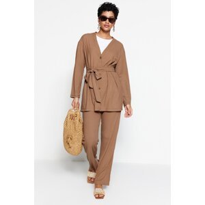 Trendyol Beige Front Tie Detailed Knitted Tunic-Pants Suit