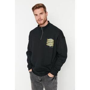 Trendyol Men's Black Oversize/Wide-Fit Zipper Text Printed Fleece Cotton Sweatshirt