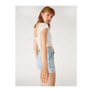 Koton Crop T-Shirt Embroidery Square Neck