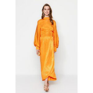 Trendyol Orange Draped Waist Balloon Sleeve Patterned Evening Dress