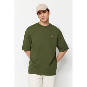 Trendyol Men's Khaki Oversize/Wide Fit Pocket Paper Clip Embroidered Short Sleeve 100% Cotton T-Shirt