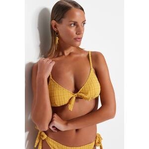 Trendyol Mustard Gingham Textured Triangle Tie-Up Textured Bikini Top