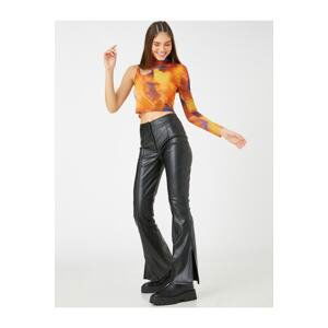 Koton Leather Look Trousers Flared Leg Ribbed High Waist