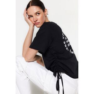 Trendyol Black 100% Cotton Back Printed Gather Detailed Boyfriend Fit Crew Neck T-Shirt