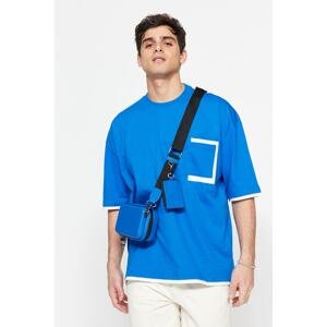 Trendyol Blue Men's Oversize/Wide Cut 100% Cotton Color Block Pocket Detailed T-Shirt