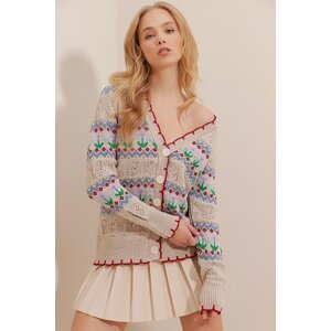 Trend Alaçatı Stili Women's Beige Openwork Patterned Knitwear Cardigan