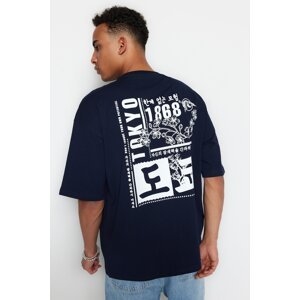 Trendyol Navy Blue Men's Oversize Far East Printed 100% Cotton T-Shirt