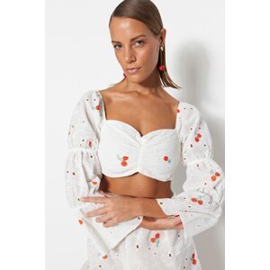 Trendyol White Fruit Patterned Crop Woven Embroidered Blouse