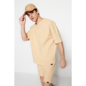 Trendyol Limited Edition Men's Beige Oversize 100% Cotton Labeled Textured Basic Thick T-Shirt