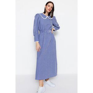 Trendyol Blue Gingham Textured Fabric Baby Collar Waist Gipe Detailed Woven Dress