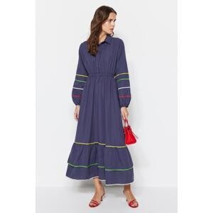 Trendyol Navy Blue Stripe Detailed Half Pat Cotton Woven Dress