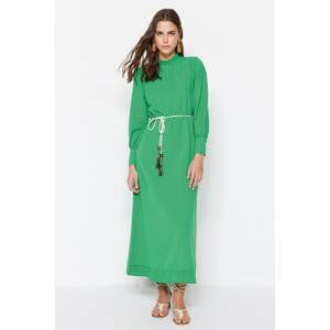 Trendyol Green Belt Detailed Wide Cuff Linen Look Woven Dress
