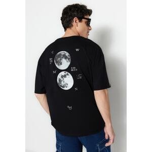 Trendyol Black Men's Oversize/Wide Cut Short Sleeve Space Printed Label Detailed 100% Cotton T-Shirt