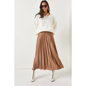 Olalook Milk Brown Leather Look A-Line Pleat Skirt