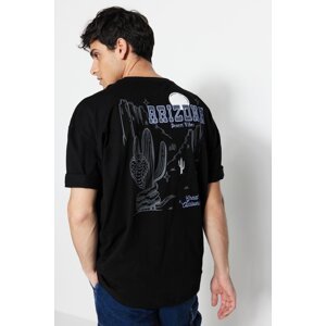 Trendyol Men's Black Oversize/Wide-Fit Tropical Arizona City Printed Short Sleeve 100% Cotton T-Shirt